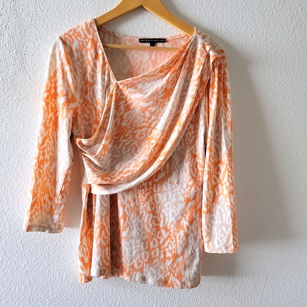 Antonio Melani 3/4 Sleeve Animal Print Loepard Orange And Ivory Top Size Large